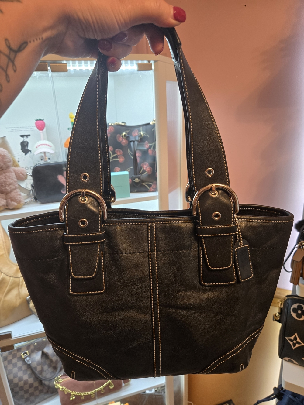 Coach Vintage Soho Black Leather Tote Bag with Contrast Stitching